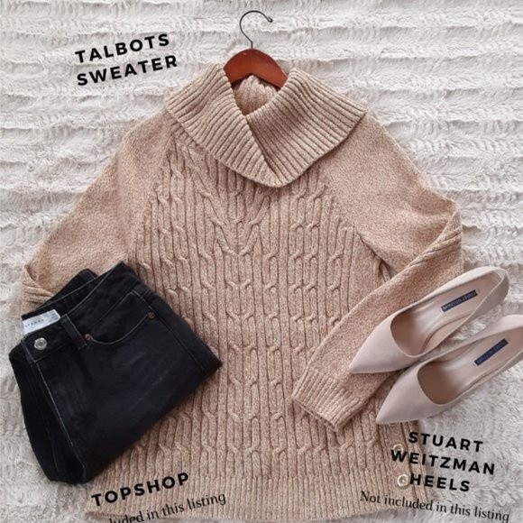 Talbots Women's Cable Knit Medium Cowl Neck Caramel Brown Sweater Long Sleeve - Picture 9 of 10